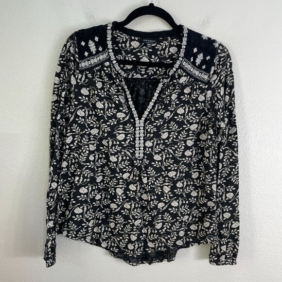 Lucky Brand Womens Medium Floral Boho Blouse Black White Embroidered Top Shirt - Picture 7 of 10